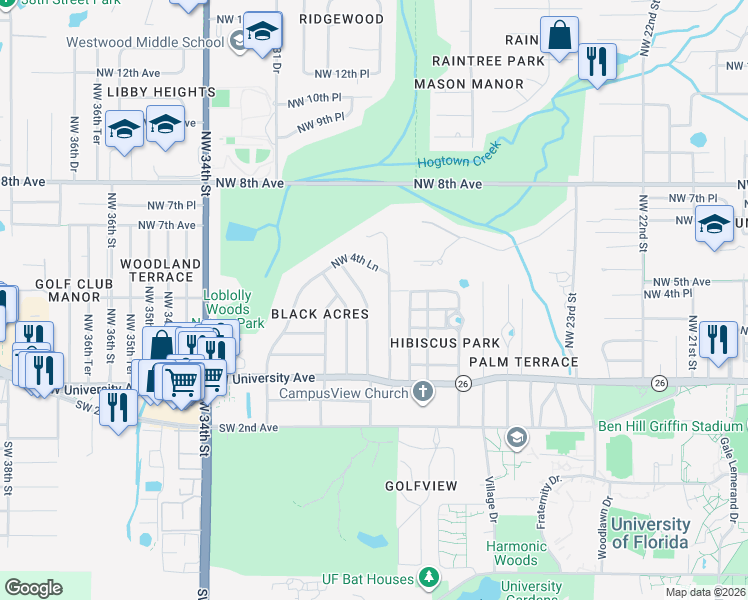 map of restaurants, bars, coffee shops, grocery stores, and more near 305 Northwest 28 Terrace in Gainesville