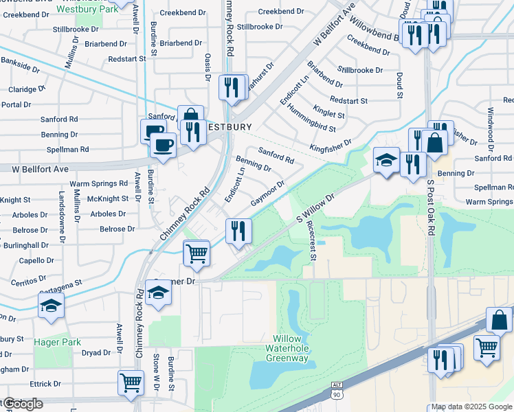 map of restaurants, bars, coffee shops, grocery stores, and more near 11507 Gaymoor Drive in Houston