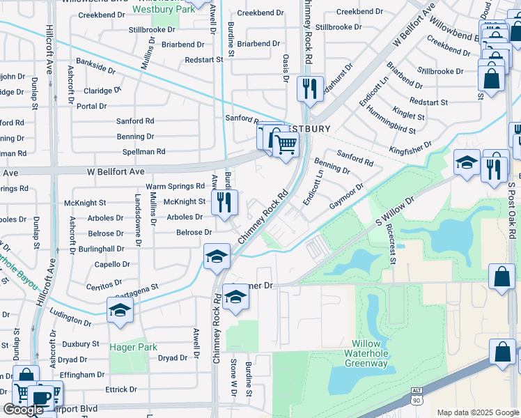 map of restaurants, bars, coffee shops, grocery stores, and more near 11540 Chimney Rock Road in Houston