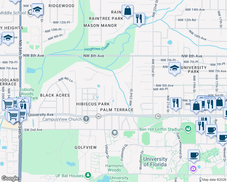 map of restaurants, bars, coffee shops, grocery stores, and more near 409 Northwest 24 Street in Gainesville