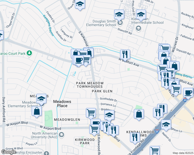 map of restaurants, bars, coffee shops, grocery stores, and more near 11717 South Kirkwood Road in Stafford