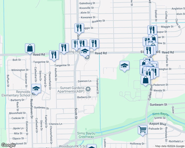 map of restaurants, bars, coffee shops, grocery stores, and more near 4215 Rockingham Street in Houston