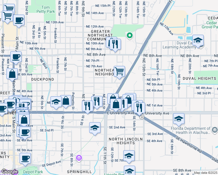 map of restaurants, bars, coffee shops, grocery stores, and more near 409 Northeast 11th Street in Gainesville