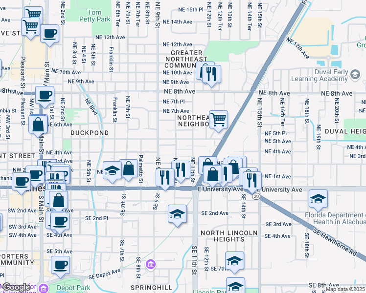 map of restaurants, bars, coffee shops, grocery stores, and more near 411 Northeast 10th Street in Gainesville