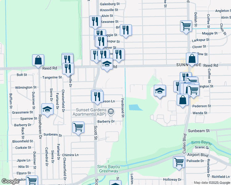 map of restaurants, bars, coffee shops, grocery stores, and more near 4215 Rockingham Street in Houston