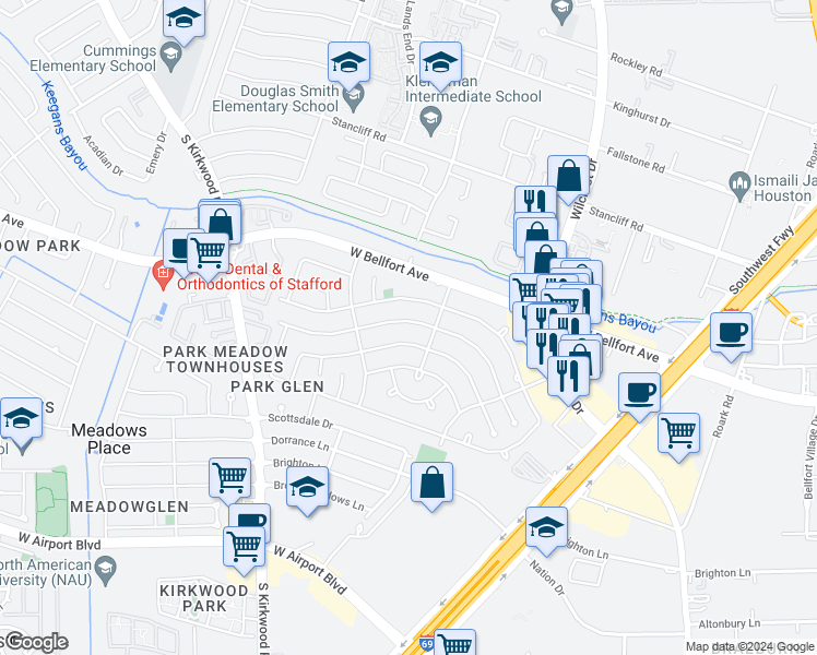 map of restaurants, bars, coffee shops, grocery stores, and more near 11203 Ensbrook Dr in Houston