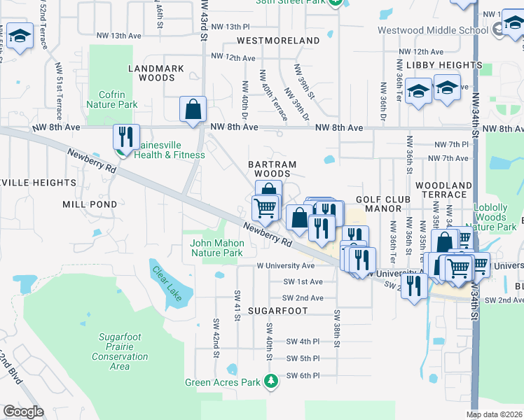 map of restaurants, bars, coffee shops, grocery stores, and more near 518 Northwest 39th Road in Gainesville