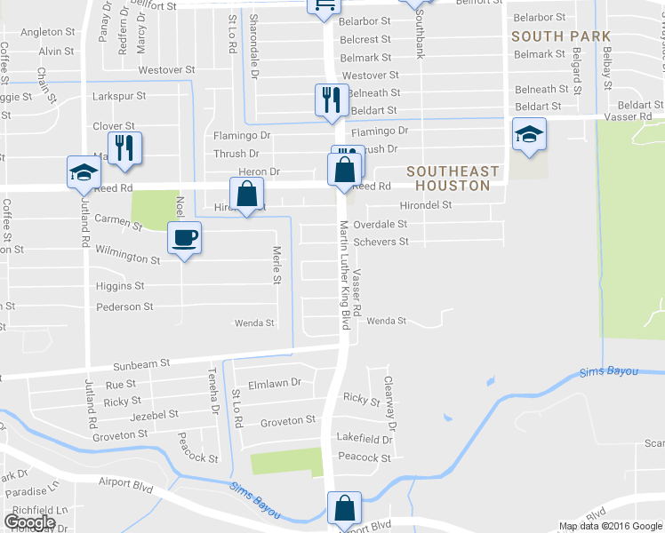 map of restaurants, bars, coffee shops, grocery stores, and more near 5634 Simsdale St in Houston