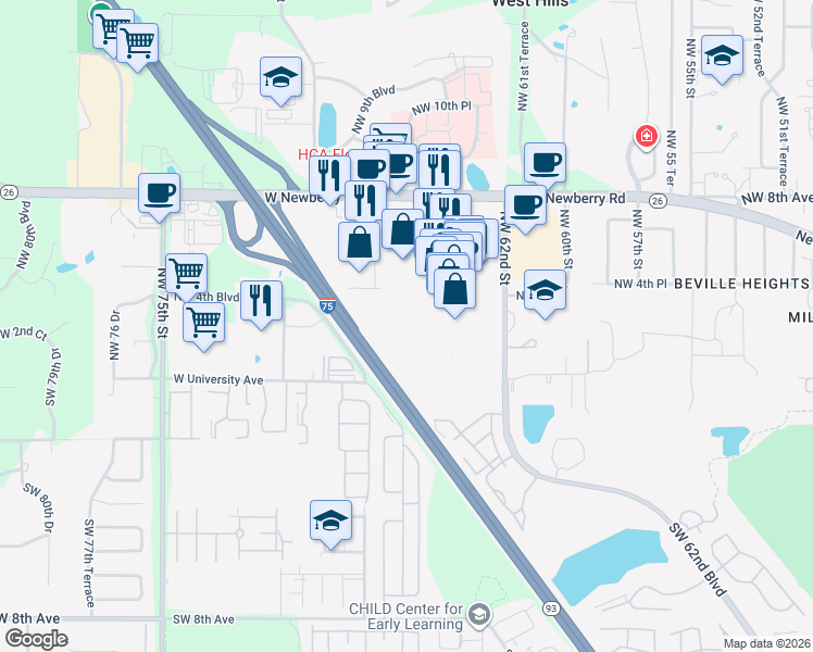 map of restaurants, bars, coffee shops, grocery stores, and more near Unnamed Road in Gainesville