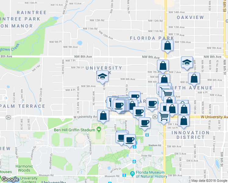 map of restaurants, bars, coffee shops, grocery stores, and more near 1801 Northwest 4th Place in Gainesville