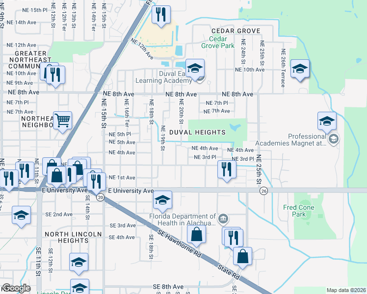 map of restaurants, bars, coffee shops, grocery stores, and more near 334 Northeast 20th Terrace in Gainesville