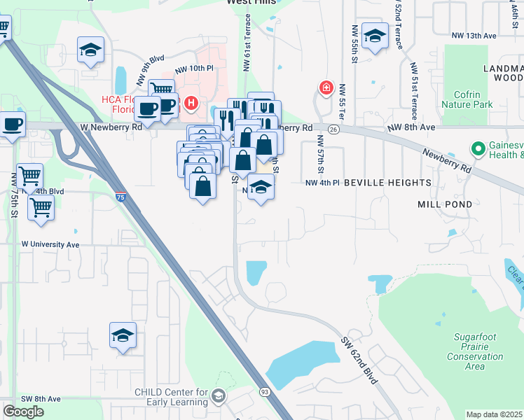 map of restaurants, bars, coffee shops, grocery stores, and more near 301 Northwest 62 Street in Gainesville