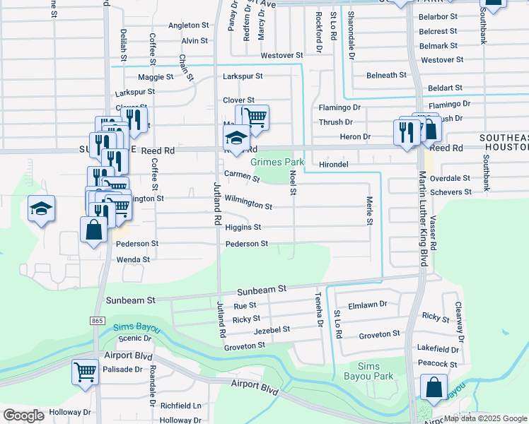map of restaurants, bars, coffee shops, grocery stores, and more near 5114 Wilmington Street in Houston