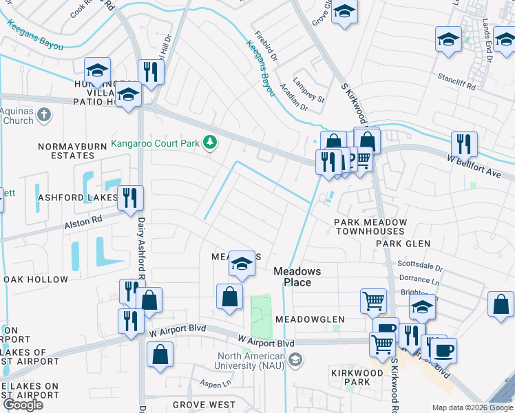 map of restaurants, bars, coffee shops, grocery stores, and more near 12027 Meadow Hollow Drive in Stafford