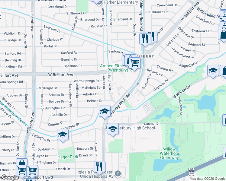 map of restaurants, bars, coffee shops, grocery stores, and more near 11540 Chimney Rock Road in Houston