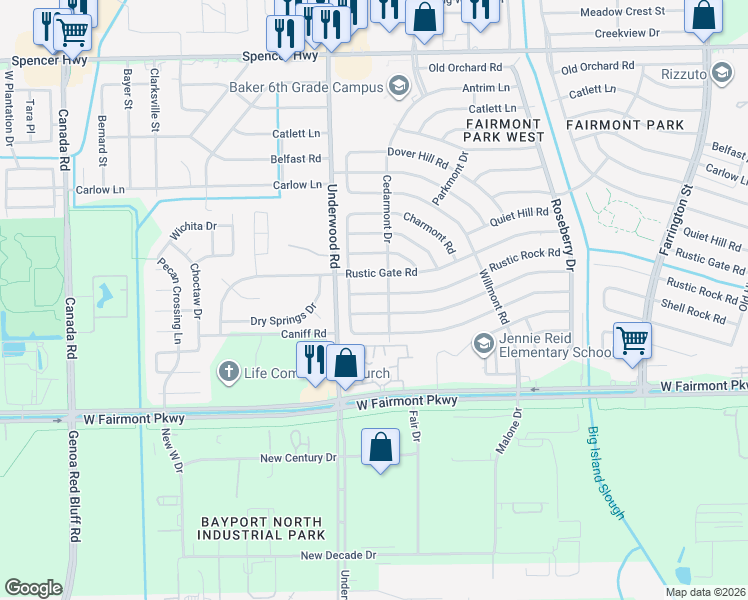 map of restaurants, bars, coffee shops, grocery stores, and more near 9738 Rustic Rock Rd in La Porte