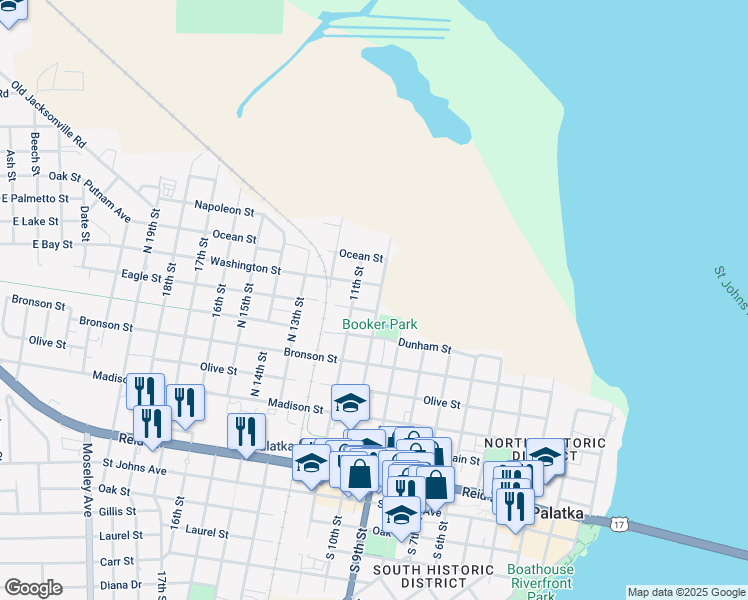 map of restaurants, bars, coffee shops, grocery stores, and more near 812 North 10th Street in Palatka
