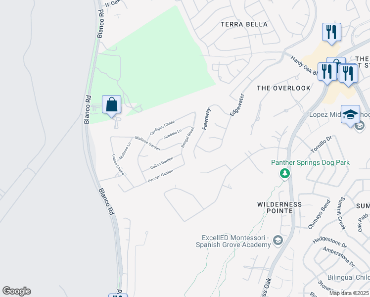 map of restaurants, bars, coffee shops, grocery stores, and more near 22910 Bengal Brook in San Antonio