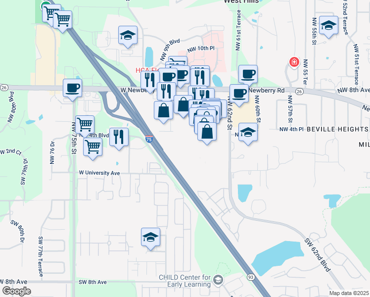 map of restaurants, bars, coffee shops, grocery stores, and more near 6519 West Newberry Road in Gainesville