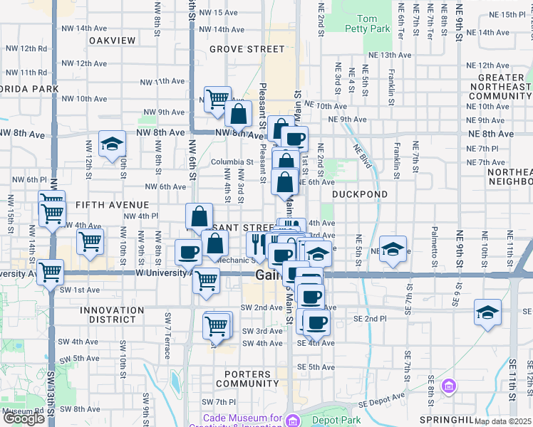 map of restaurants, bars, coffee shops, grocery stores, and more near 102 Northwest 4th Avenue in Gainesville