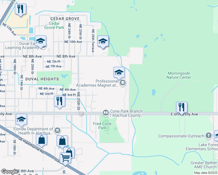 map of restaurants, bars, coffee shops, grocery stores, and more near 3000 East University Avenue in Gainesville