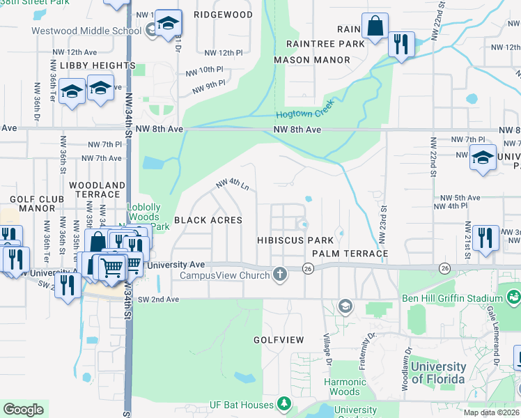 map of restaurants, bars, coffee shops, grocery stores, and more near 305 Northwest 28 Terrace in Gainesville