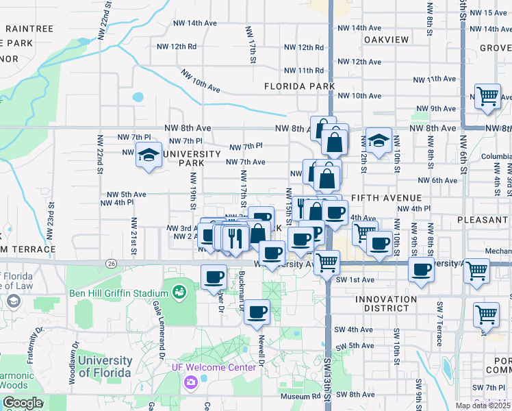 map of restaurants, bars, coffee shops, grocery stores, and more near 1618 Northwest 4th Avenue in Gainesville
