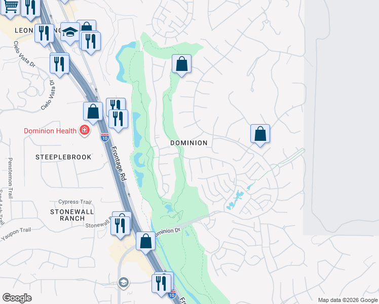 map of restaurants, bars, coffee shops, grocery stores, and more near 1 Carefree Lane in San Antonio