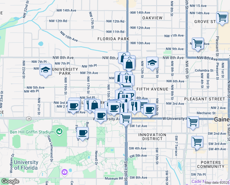 map of restaurants, bars, coffee shops, grocery stores, and more near 408 Northwest 14th Street in Gainesville