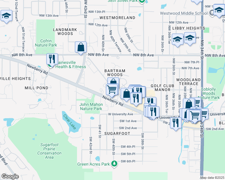 map of restaurants, bars, coffee shops, grocery stores, and more near 417 Northwest 39th Road in Gainesville