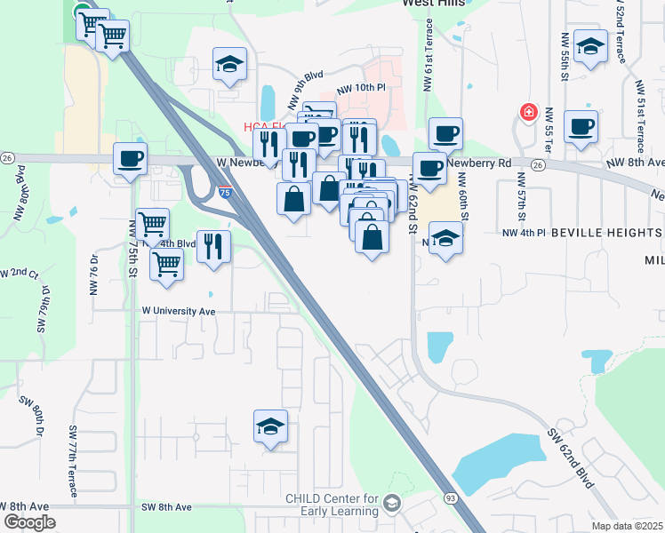 map of restaurants, bars, coffee shops, grocery stores, and more near Unnamed Road in Gainesville