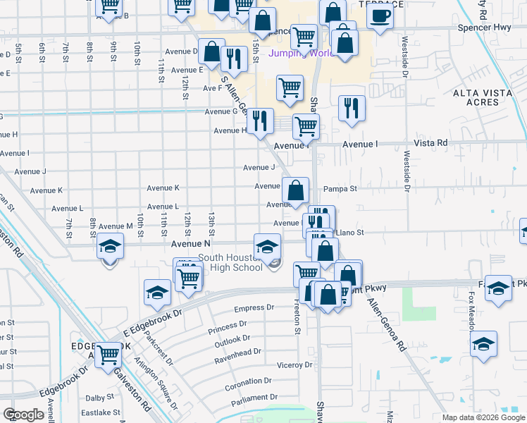 map of restaurants, bars, coffee shops, grocery stores, and more near 1507 Avenue M in South Houston
