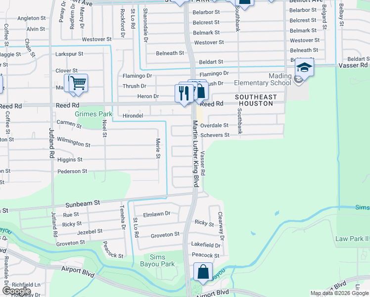 map of restaurants, bars, coffee shops, grocery stores, and more near 5634 Simsdale Street in Houston