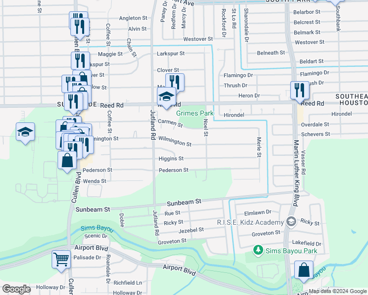 map of restaurants, bars, coffee shops, grocery stores, and more near 5114 Wilmington Street in Houston
