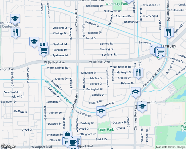 map of restaurants, bars, coffee shops, grocery stores, and more near 5818 Arboles Drive in Houston