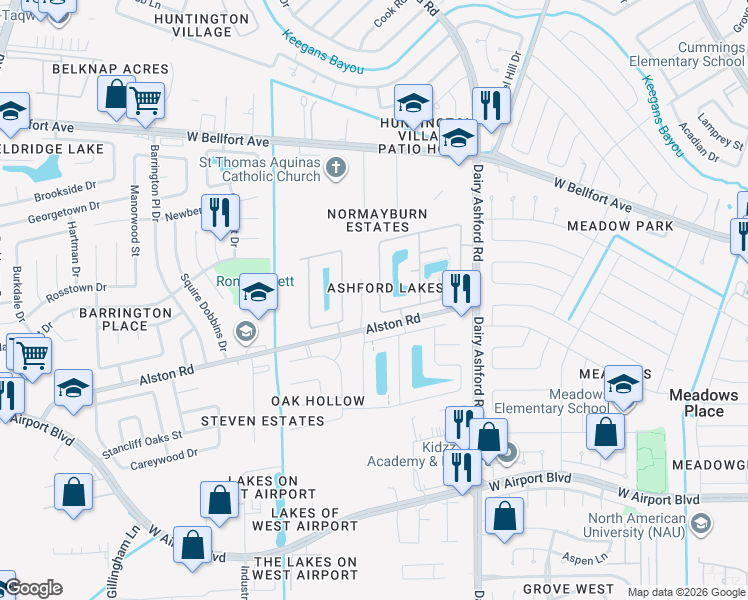 map of restaurants, bars, coffee shops, grocery stores, and more near 11322 Ashford Hills Drive in Sugar Land