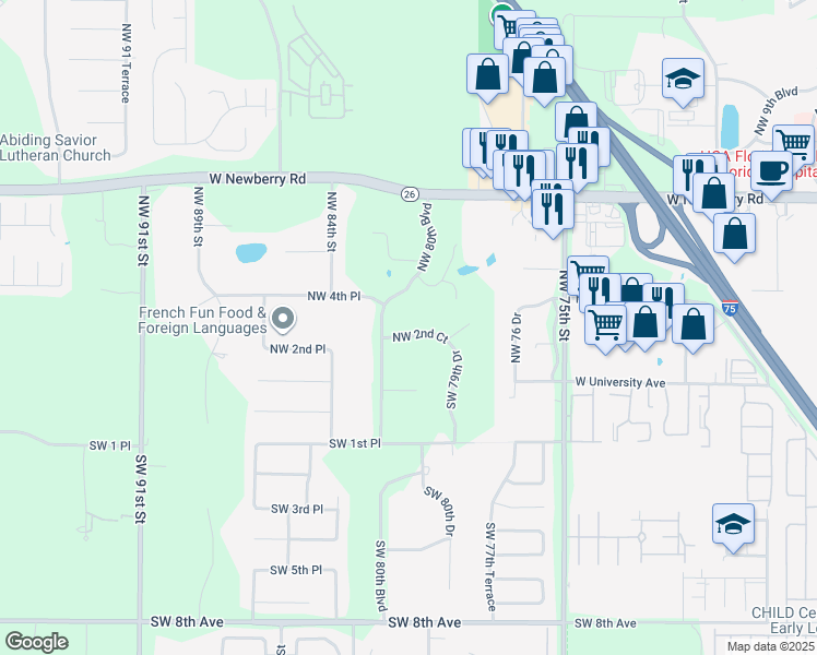 map of restaurants, bars, coffee shops, grocery stores, and more near 8024 Northwest 2nd Court in Gainesville