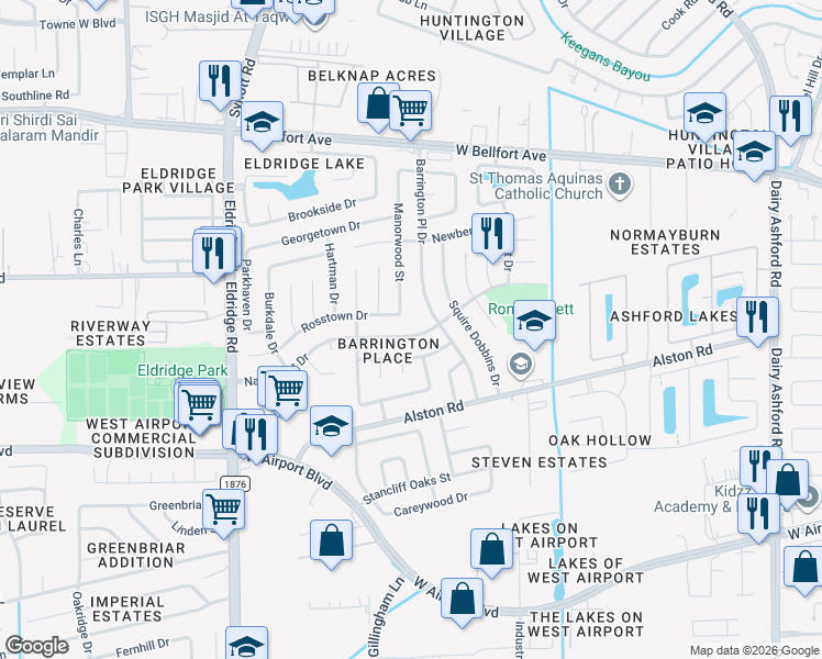 map of restaurants, bars, coffee shops, grocery stores, and more near 13015 Nantucket Drive in Sugar Land