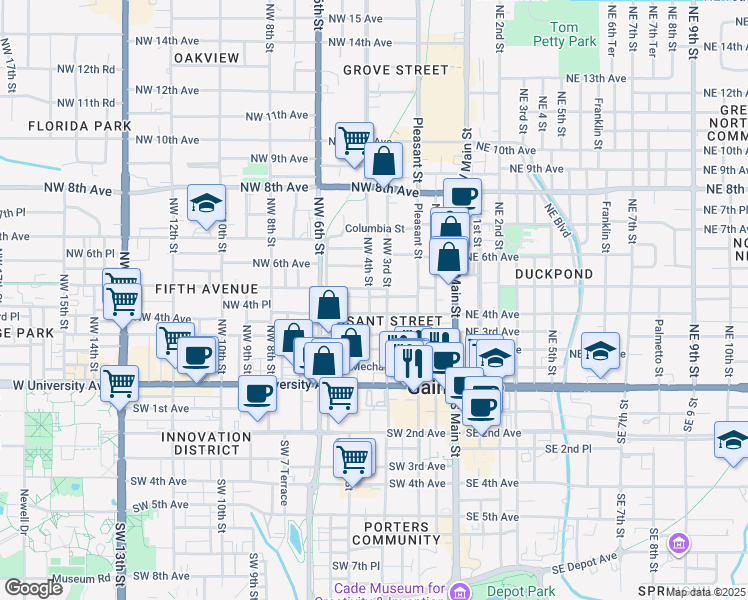 map of restaurants, bars, coffee shops, grocery stores, and more near 408 Northwest 4th Street in Gainesville
