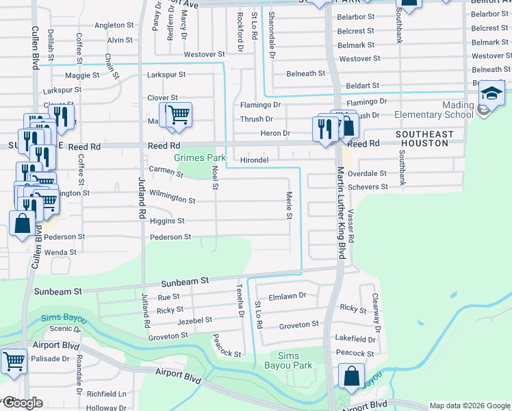 map of restaurants, bars, coffee shops, grocery stores, and more near 5306 Wilmington Street in Houston