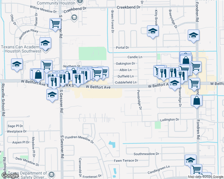 map of restaurants, bars, coffee shops, grocery stores, and more near 8201 West Bellfort Avenue in Houston
