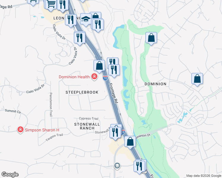 map of restaurants, bars, coffee shops, grocery stores, and more near 25555 West Interstate 10 in San Antonio