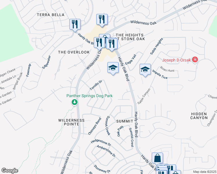 map of restaurants, bars, coffee shops, grocery stores, and more near 22842 San Saba Bluff in San Antonio