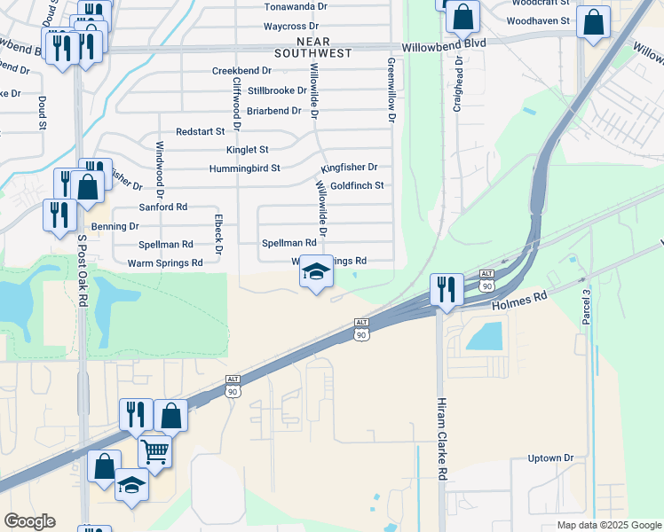 map of restaurants, bars, coffee shops, grocery stores, and more near 4427 Warm Springs Road in Houston