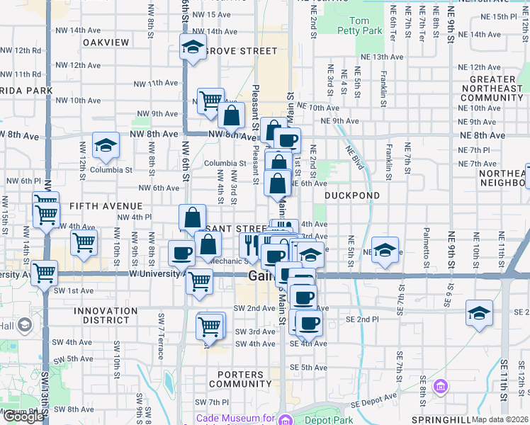 map of restaurants, bars, coffee shops, grocery stores, and more near 102 Northwest 4th Avenue in Gainesville