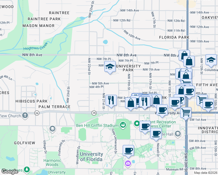 map of restaurants, bars, coffee shops, grocery stores, and more near 2031 Northwest 5th Avenue in Gainesville