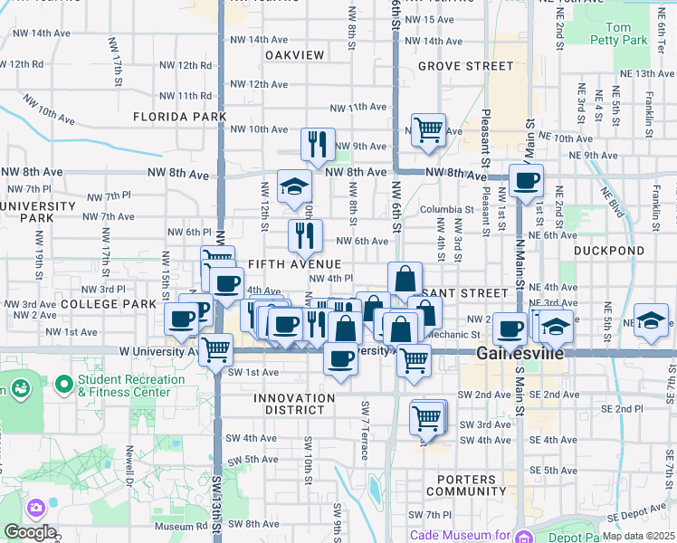 map of restaurants, bars, coffee shops, grocery stores, and more near 811 Northwest 4th Place in Gainesville