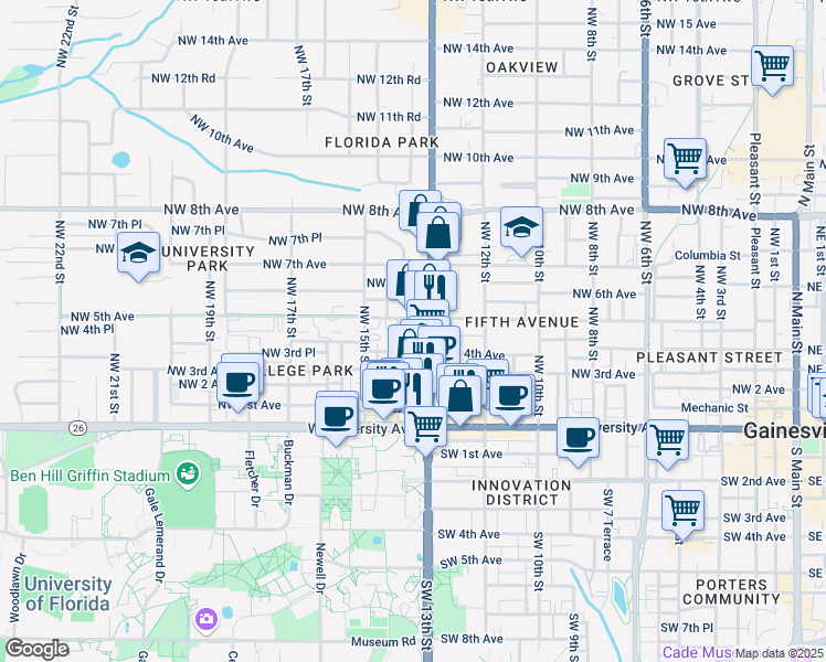 map of restaurants, bars, coffee shops, grocery stores, and more near 402 Northwest 13th Terrace in Gainesville