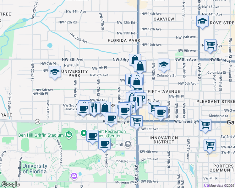 map of restaurants, bars, coffee shops, grocery stores, and more near 1518 Northwest 4th Avenue in Gainesville