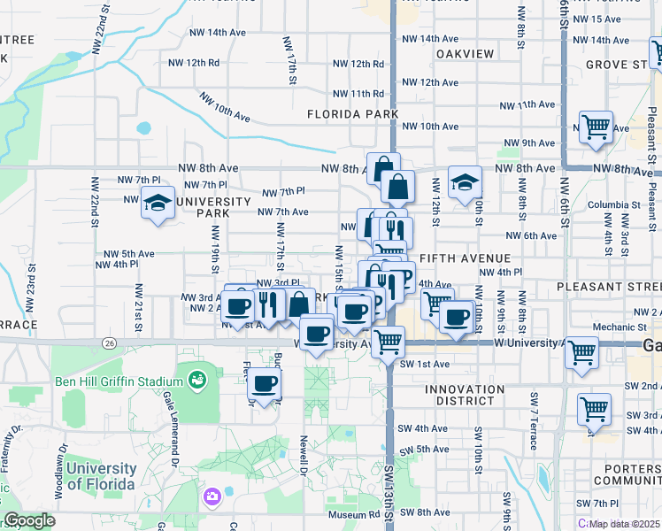 map of restaurants, bars, coffee shops, grocery stores, and more near 1518 Northwest 4th Avenue in Gainesville